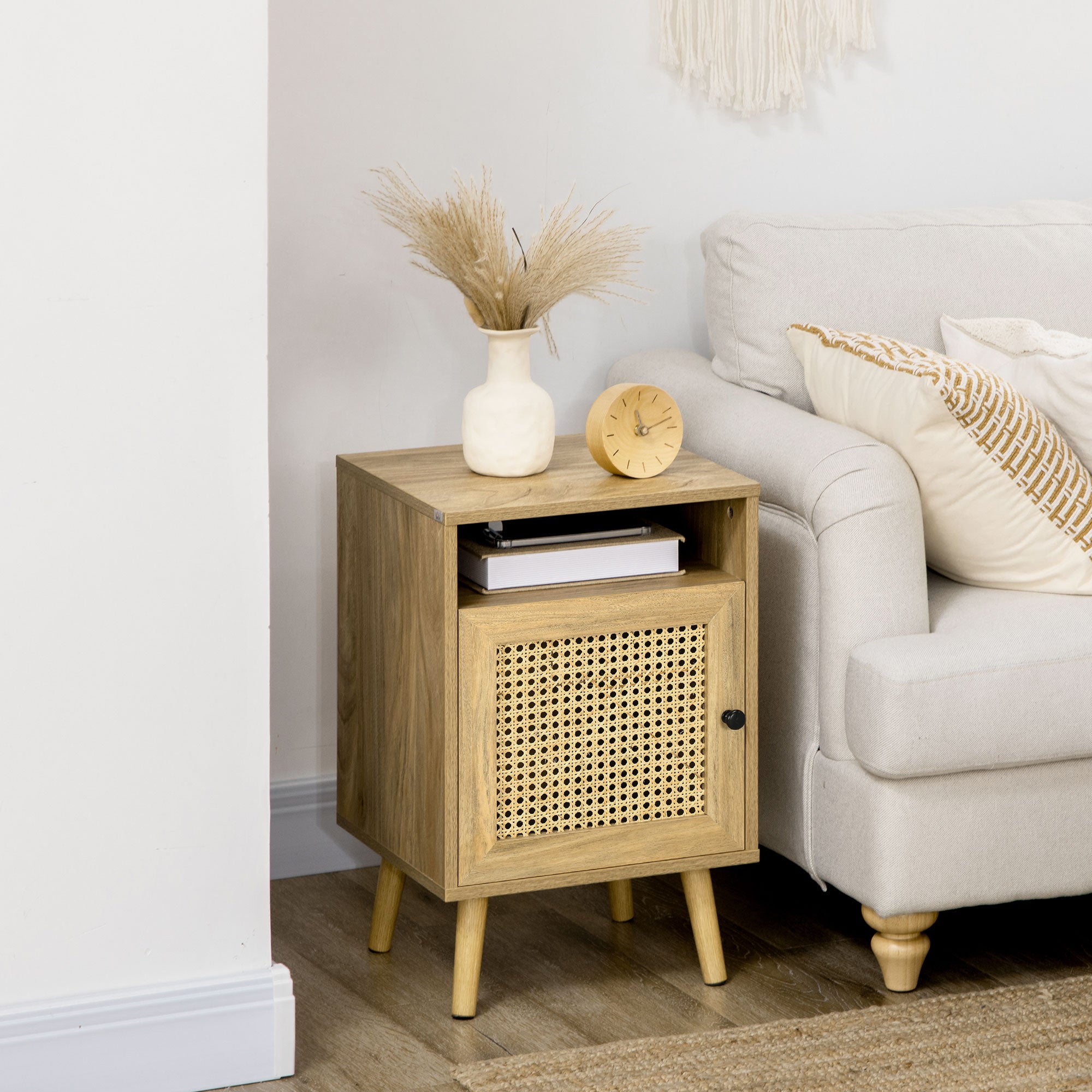 Table de chevet table de nuit avec placard porte cannage et niche design vintage 39 x 35 x 60 cm naturel