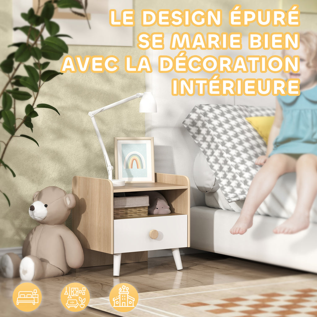 Table de chevet enfant table de nuit enfant avec tiroir et niche, petite table d'appoint en bois pour chambre d'enfant