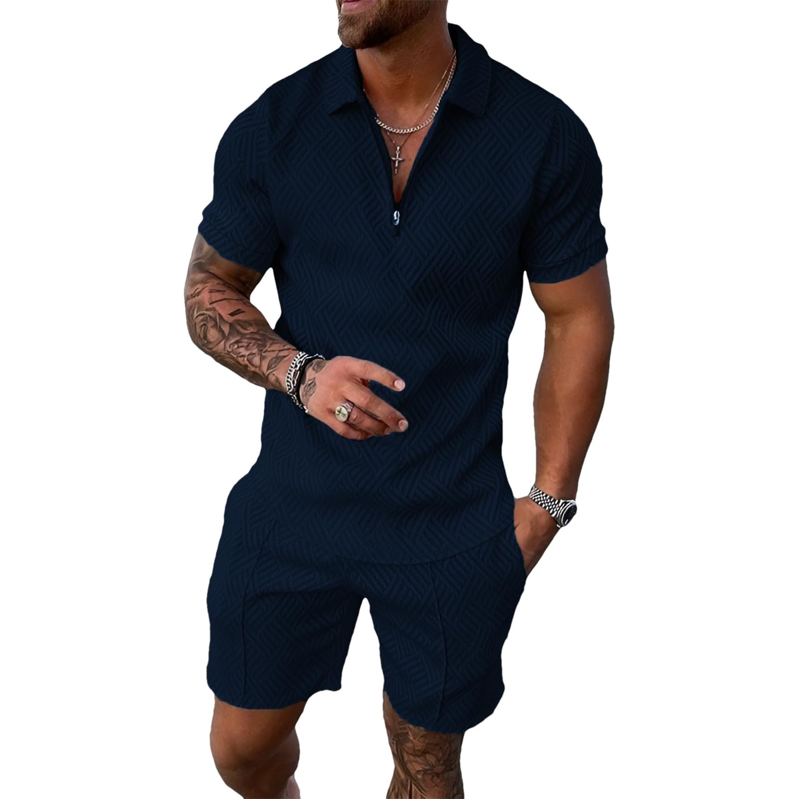 amropi Homme Survêtement de Sport T-Shirt à Manches Courtes Fermeture éclair et Short Ensemble