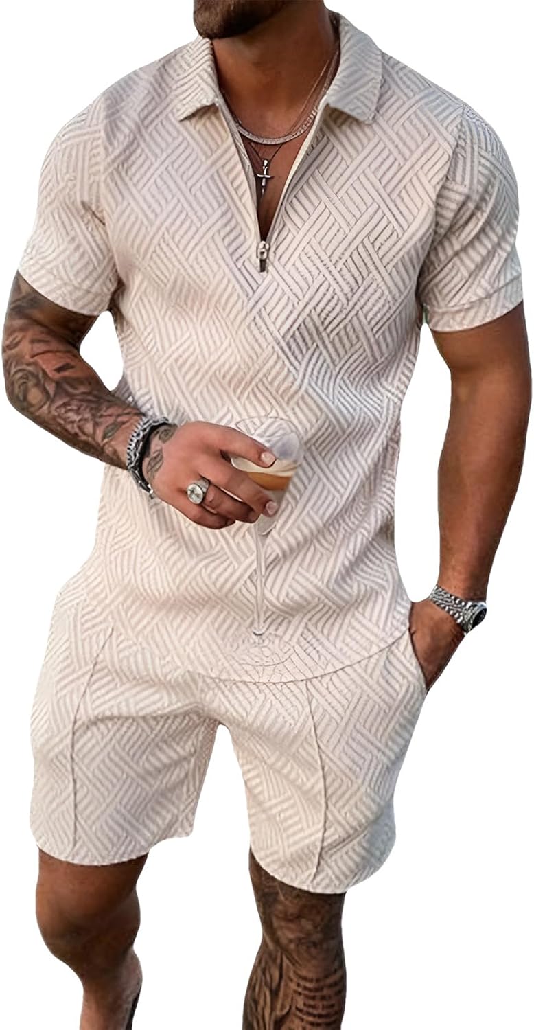 amropi Homme Survêtement de Sport T-Shirt à Manches Courtes Fermeture éclair et Short Ensemble