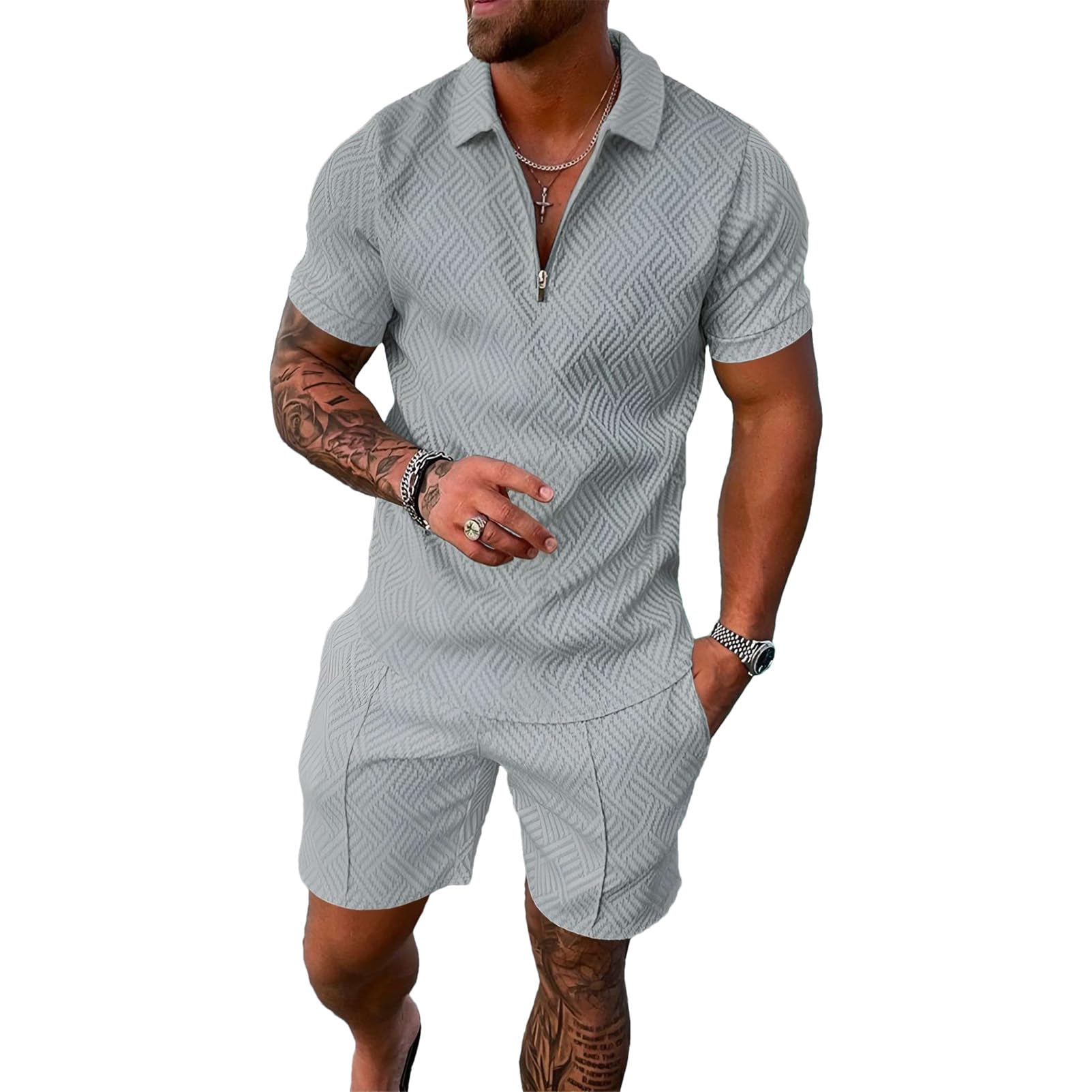 amropi Homme Survêtement de Sport T-Shirt à Manches Courtes Fermeture éclair et Short Ensemble