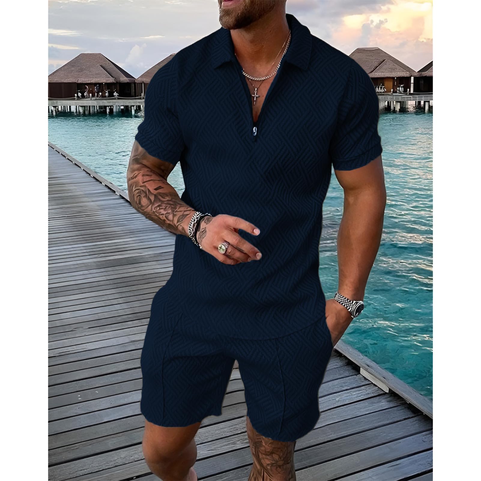 amropi Homme Survêtement de Sport T-Shirt à Manches Courtes Fermeture éclair et Short Ensemble