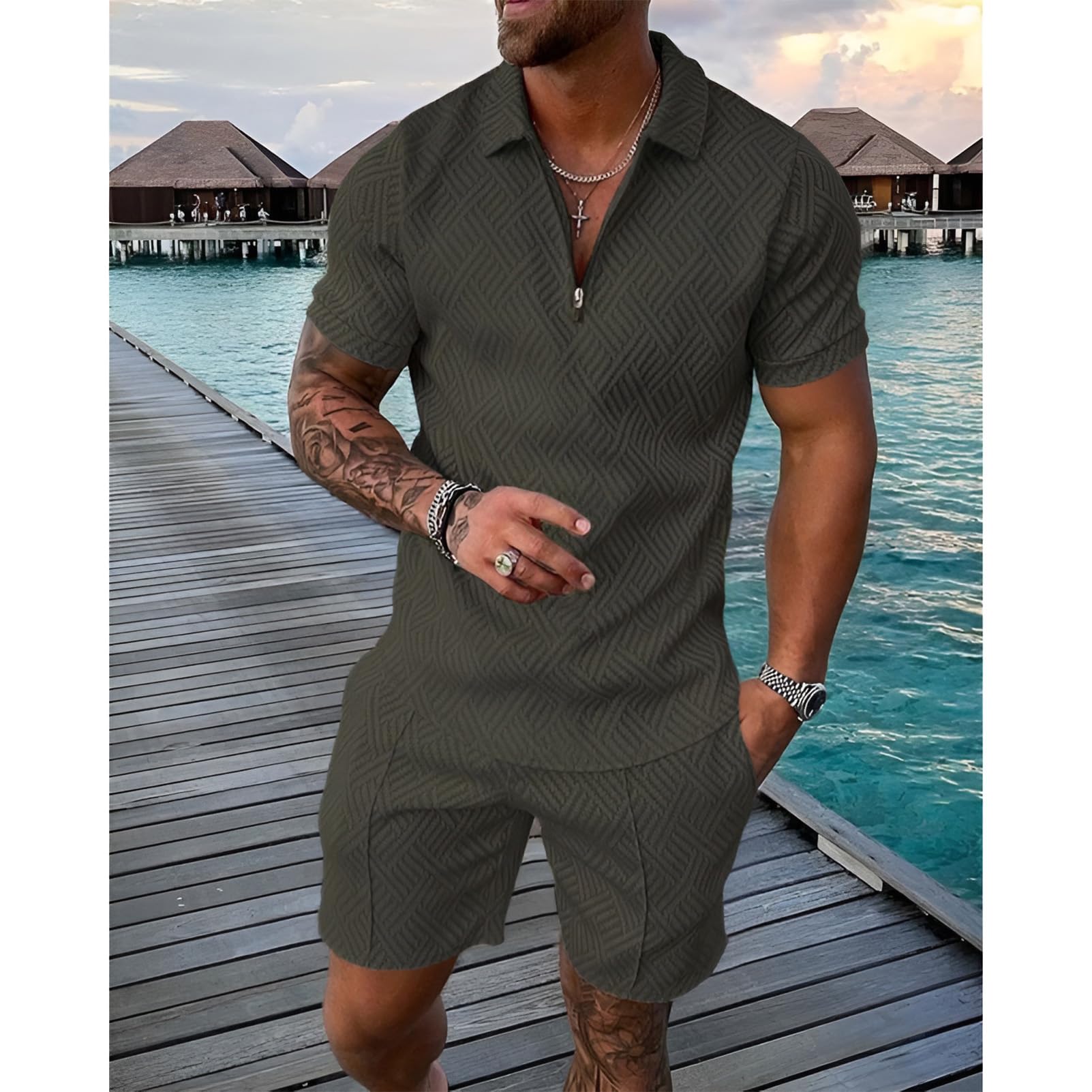 amropi Homme Survêtement de Sport T-Shirt à Manches Courtes Fermeture éclair et Short Ensemble
