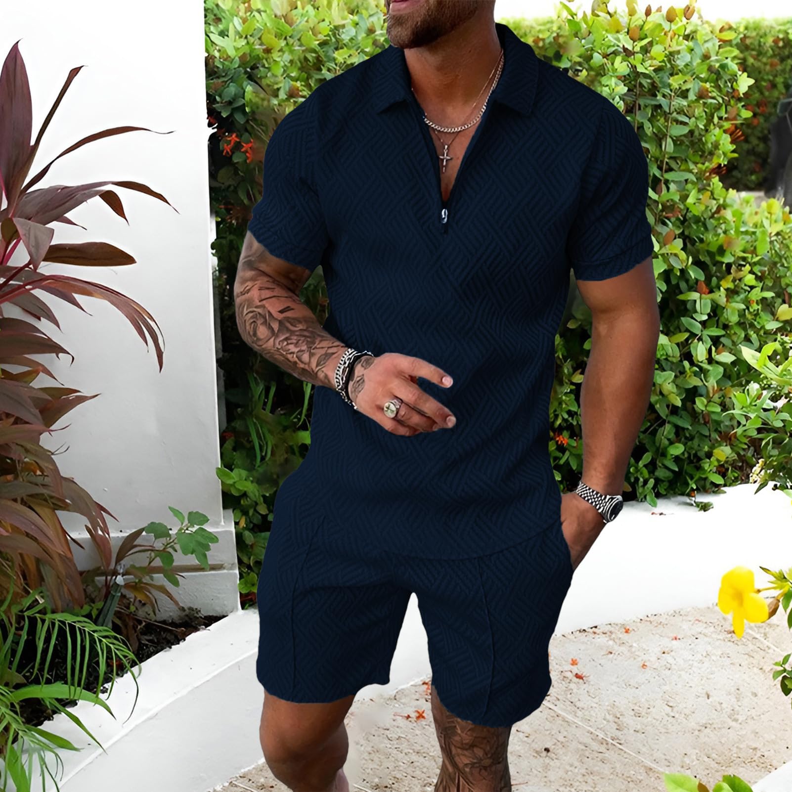 amropi Homme Survêtement de Sport T-Shirt à Manches Courtes Fermeture éclair et Short Ensemble