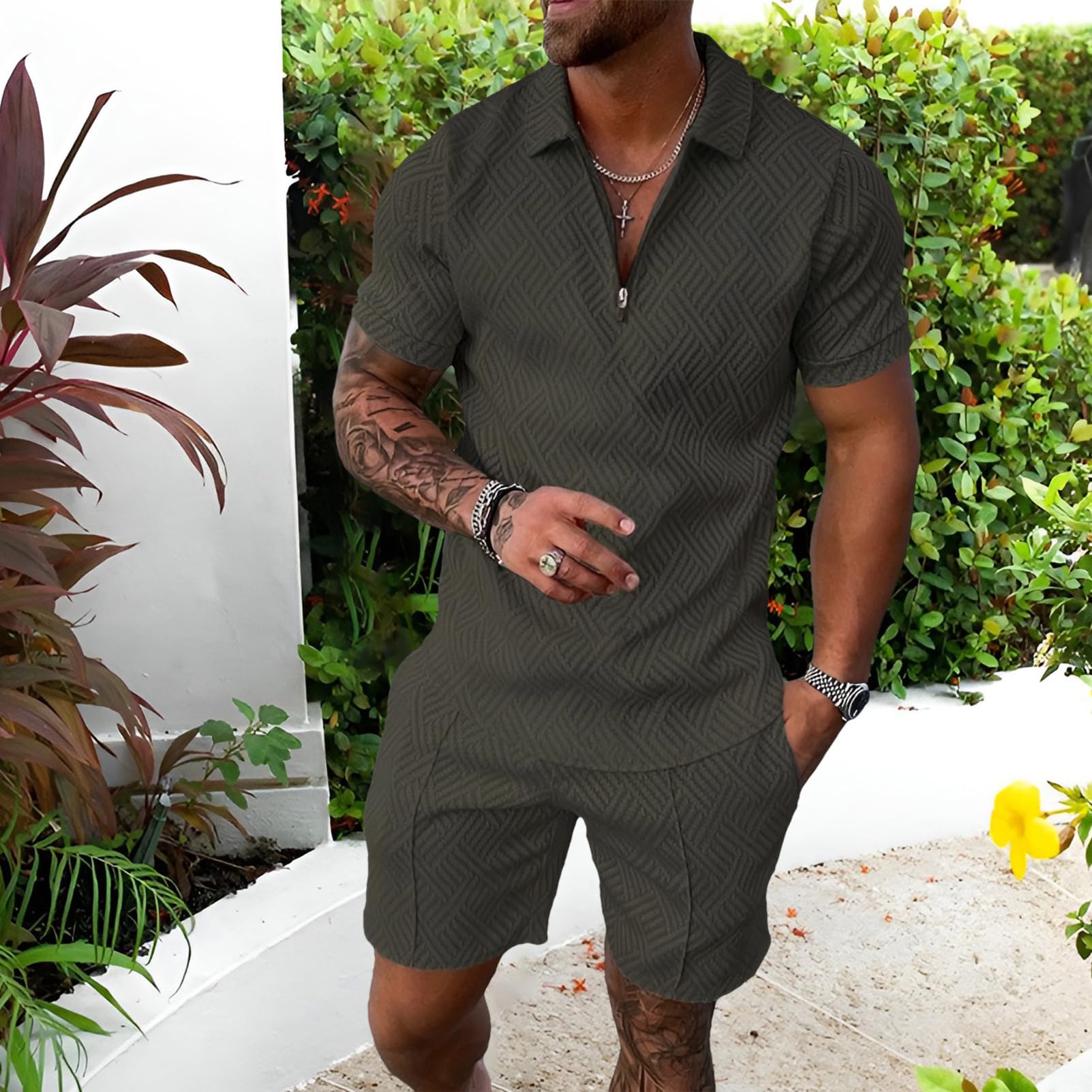 amropi Homme Survêtement de Sport T-Shirt à Manches Courtes Fermeture éclair et Short Ensemble