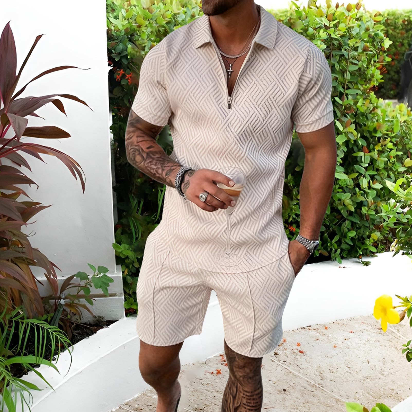 amropi Homme Survêtement de Sport T-Shirt à Manches Courtes Fermeture éclair et Short Ensemble