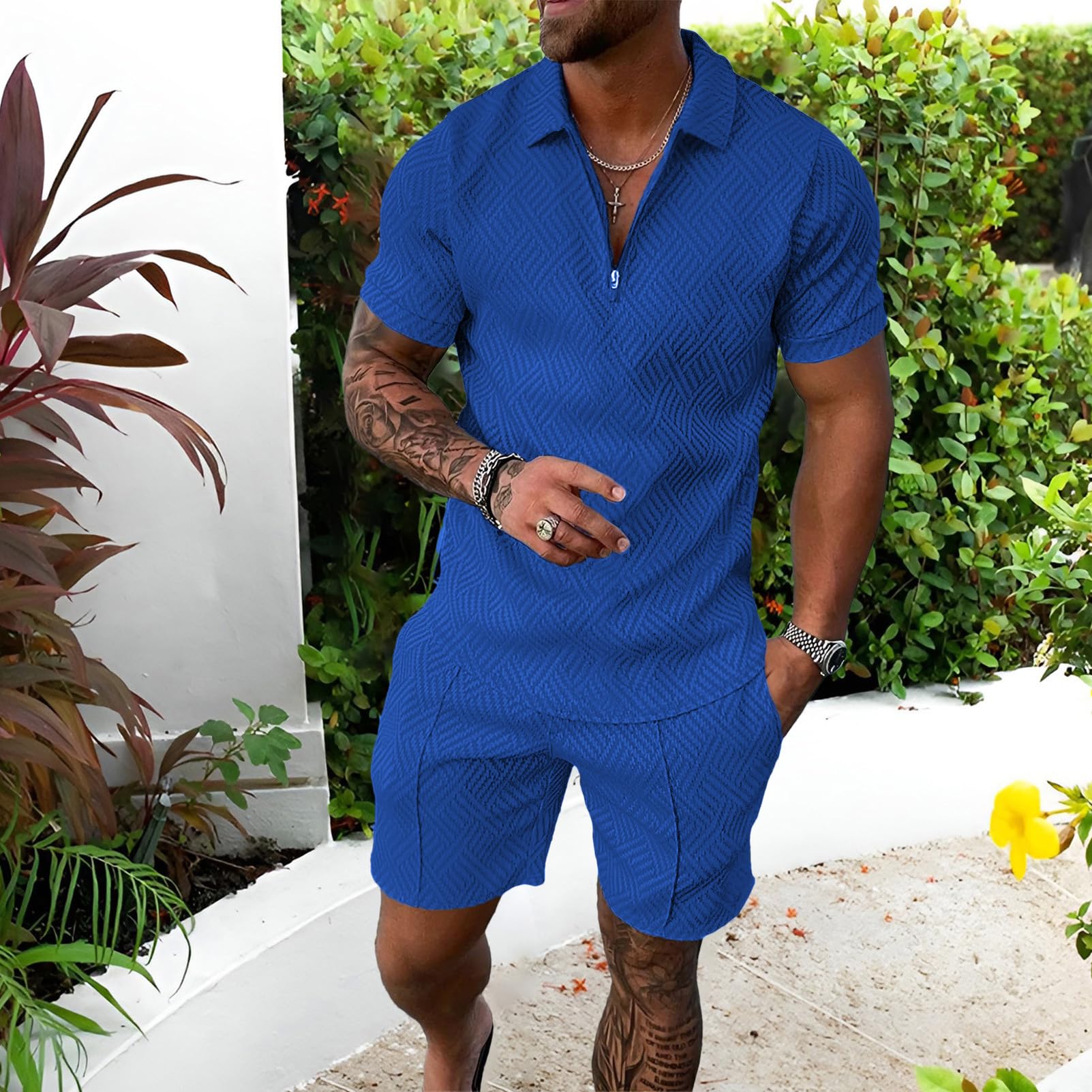 amropi Homme Survêtement de Sport T-Shirt à Manches Courtes Fermeture éclair et Short Ensemble