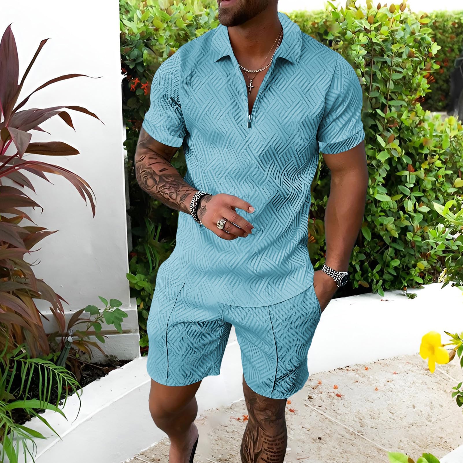 amropi Homme Survêtement de Sport T-Shirt à Manches Courtes Fermeture éclair et Short Ensemble