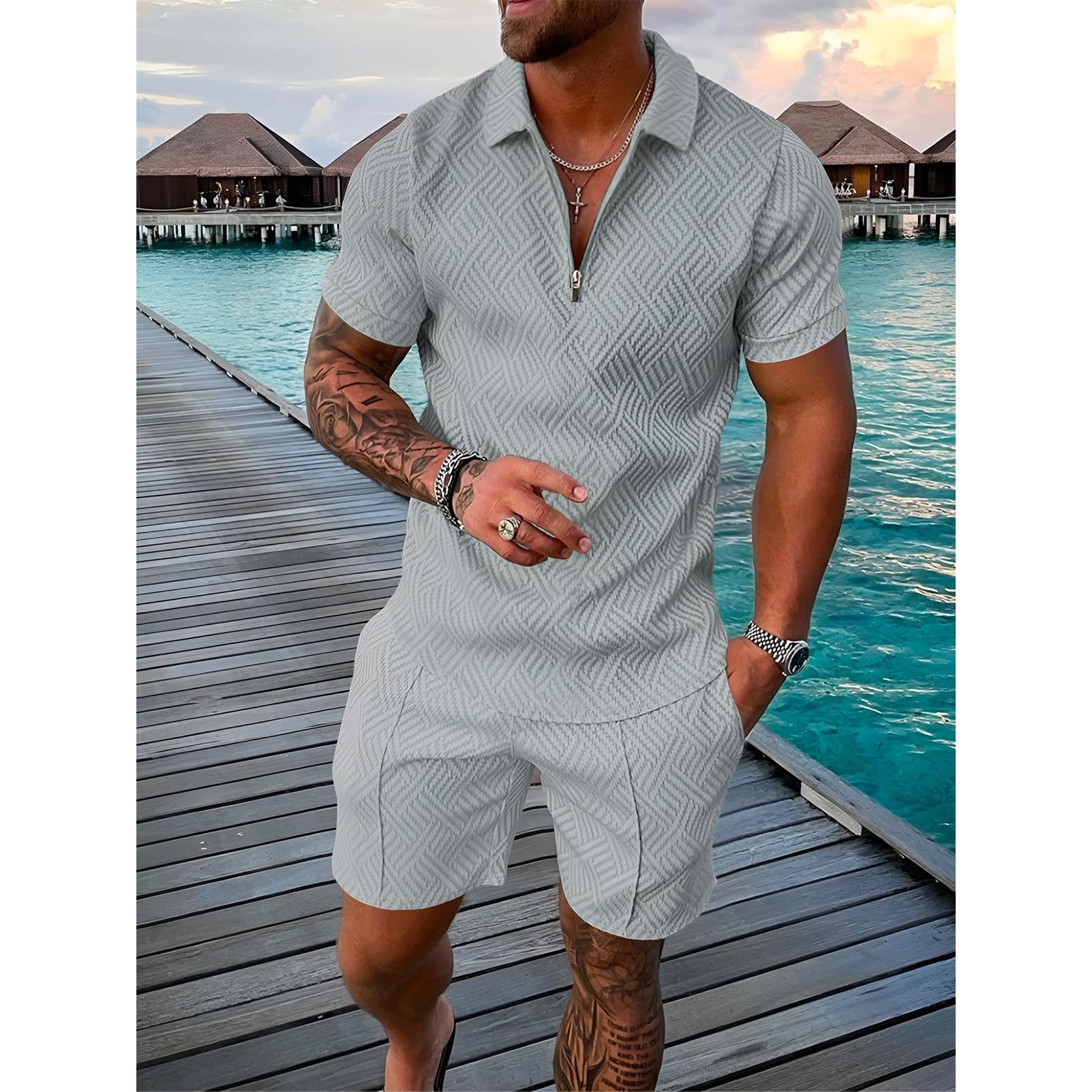 amropi Homme Survêtement de Sport T-Shirt à Manches Courtes Fermeture éclair et Short Ensemble
