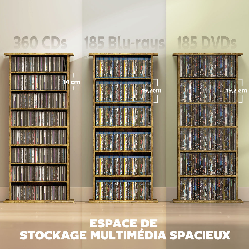 Rangements pour CD et DVD avec 8 compartiments et 6 étagères réglables, capacité max. 360 CD/185 DVD et Blu-ray, marron
