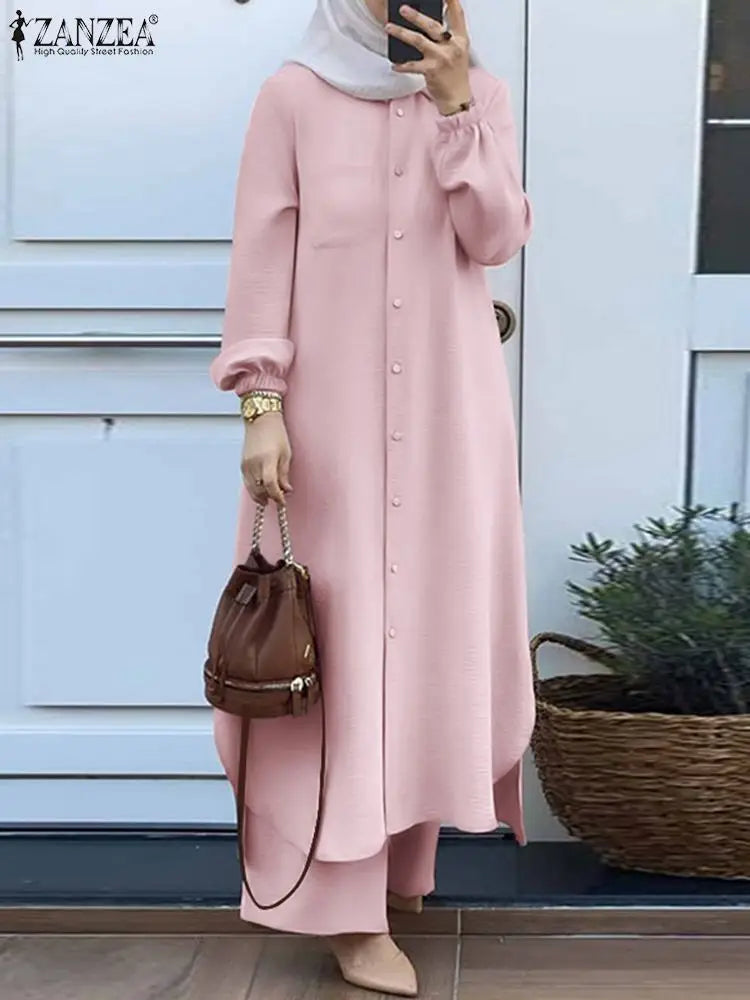 ZANZEA Vintage costume musulman couleur unie revers cou à manches longues Blouse pantalon Ramadan vêtements islamiques mode décontracté turquie tenue