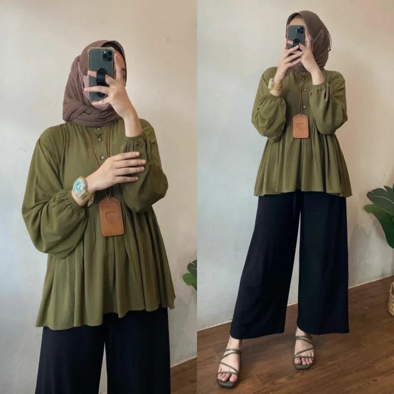 Chemisier musulman femmes automne haut plis chemise simple boutonnage Eid Maroc dubaï Maroc femme Blouses modeste décontracté hauts Ramadan
