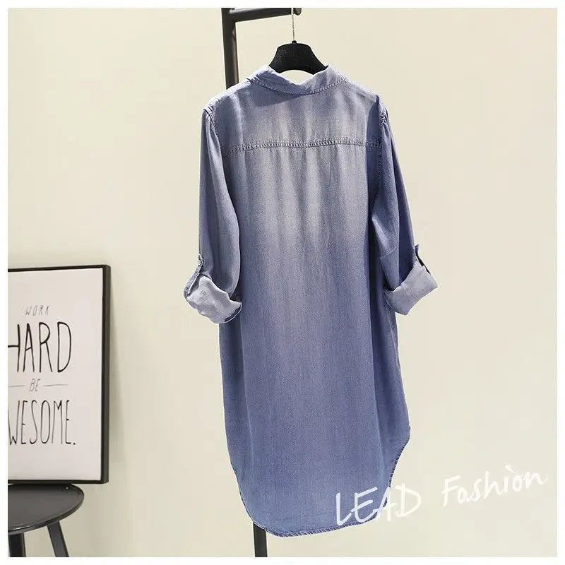 Chemise mi-longue contenant du coton pour femmes, vêtements à la mode, coupe ample, manches longues, Double poche, manches roulées, chemisier fin