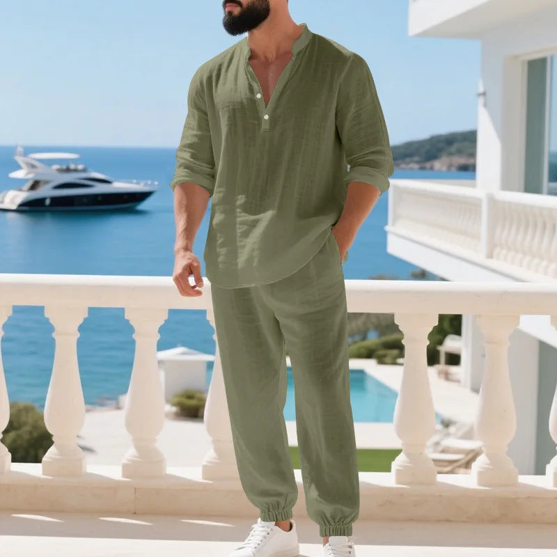 Ensemble américain en lin ample pour hommes, chemise hawaïenne fine Henry, pantalon à manches longues, pour les déplacements domicile, automne