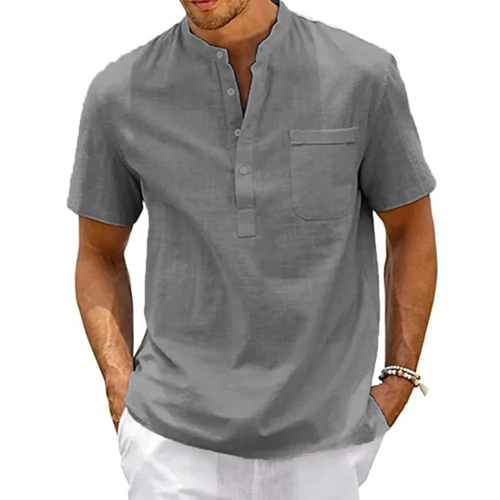 Chemise en coton et lin pour hommes, col Henley, poche, décontractée, plage, manches courtes, couleur unie, hauts T-shirts, Vintage, Streetwear