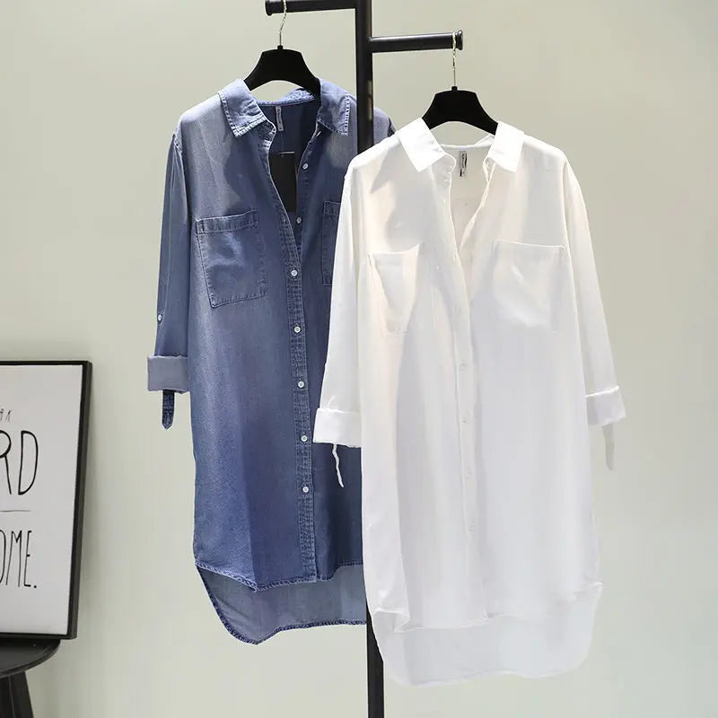Chemise mi-longue contenant du coton pour femmes, vêtements à la mode, coupe ample, manches longues, Double poche, manches roulées, chemisier fin