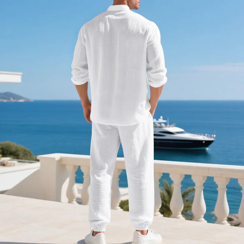 Ensemble américain en lin ample pour hommes, chemise hawaïenne fine Henry, pantalon à manches longues, pour les déplacements domicile, automne