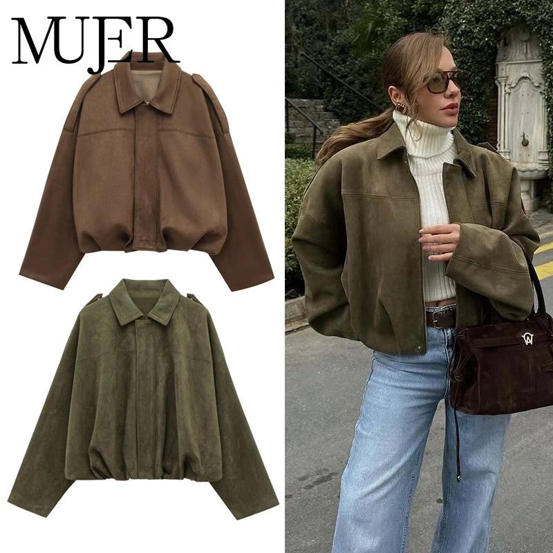 Veste Bomber Faux Daim Femme – Oversize Zippée, Streetwear