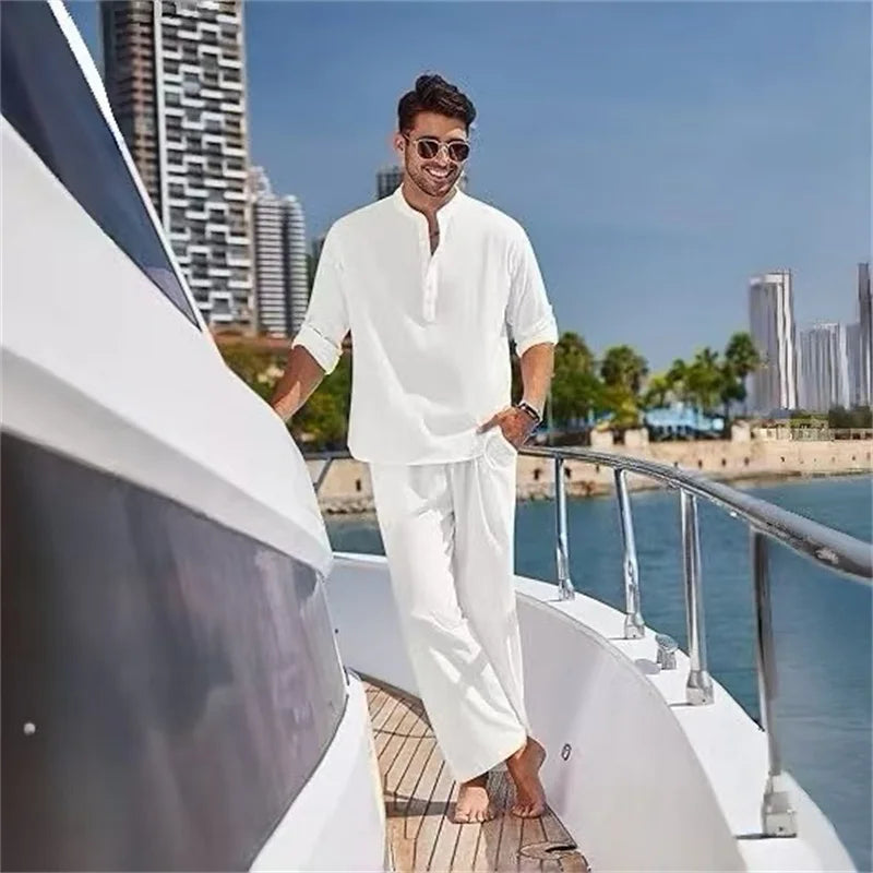 Ensemble Homme Style Yacht – Col Montant, Haut & Pantalon Ample
