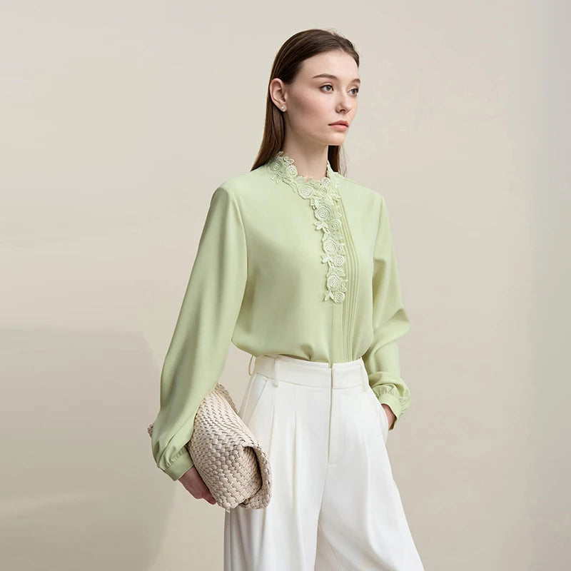 Chemisier Amii en Chiffon 2026 Nouvelle Collection Automne – Blouse Élégante Plissée à Dentelle pour Femme, Boutons Cachés, Style Commuter 12641075