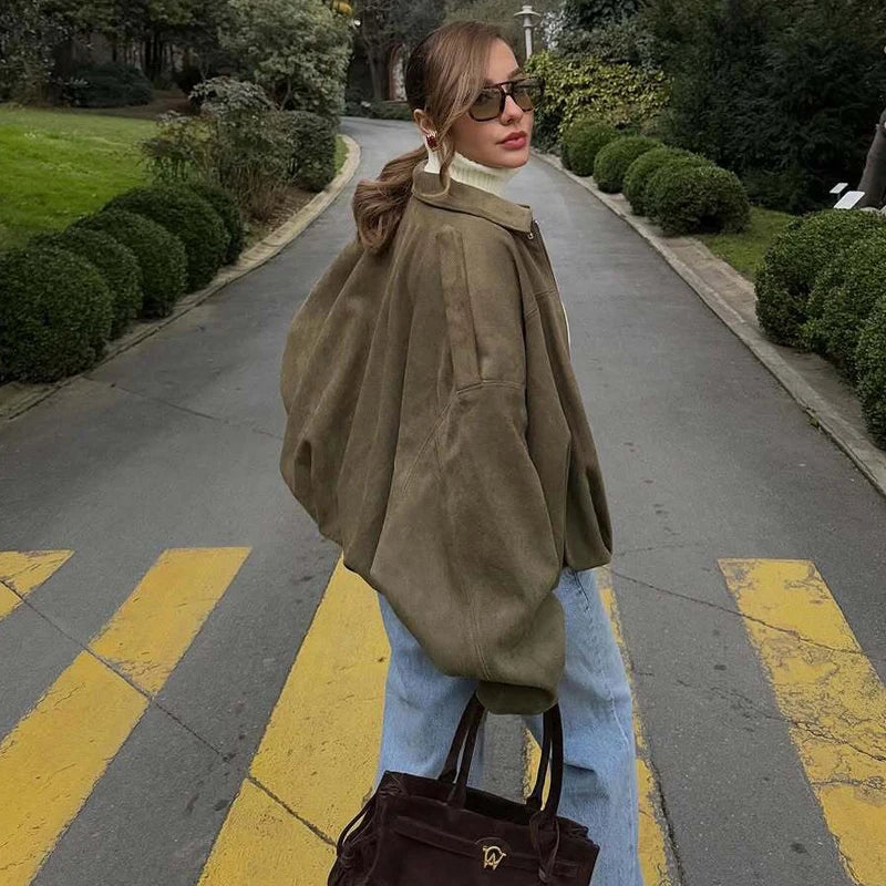 Veste Bomber Faux Daim Femme – Oversize Zippée, Streetwear