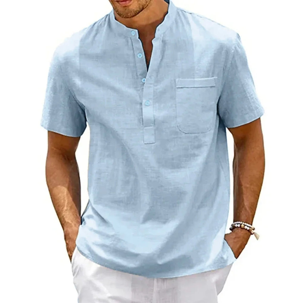 Chemise en coton et lin pour hommes, col Henley, poche, décontractée, plage, manches courtes, couleur unie, hauts T-shirts, Vintage, Streetwear