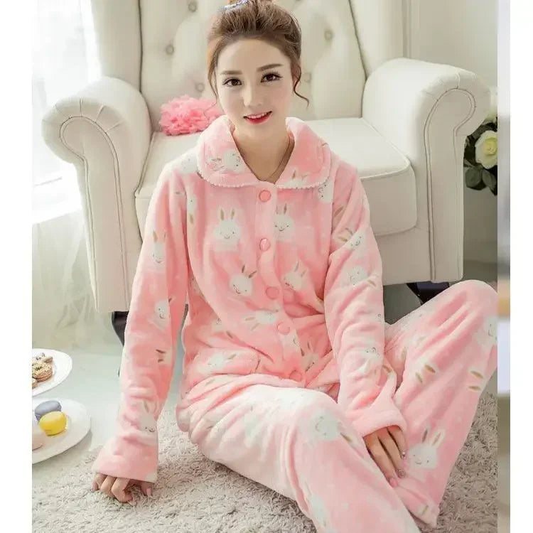 Vêtements de nuit en flanelle épaisse en molleton de corail, ensemble de vêtements de maison à manches longues pour femmes, chaud et confortable, costume deux pièces confortable, hiver