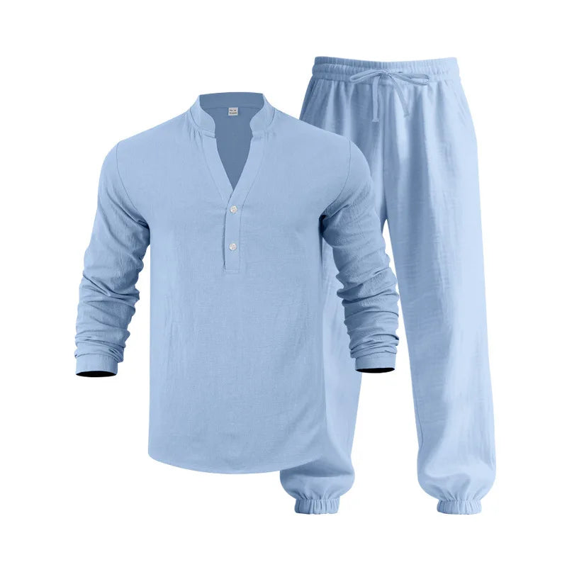 Ensemble américain en lin ample pour hommes, chemise hawaïenne fine Henry, pantalon à manches longues, pour les déplacements domicile, automne