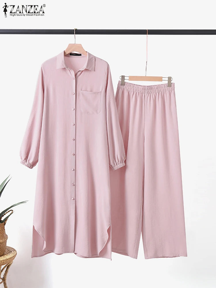 ZANZEA Vintage costume musulman couleur unie revers cou à manches longues Blouse pantalon Ramadan vêtements islamiques mode décontracté turquie tenue