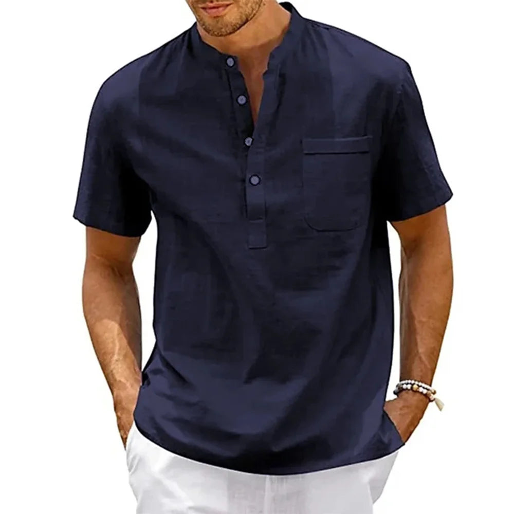 Chemise en coton et lin pour hommes, col Henley, poche, décontractée, plage, manches courtes, couleur unie, hauts T-shirts, Vintage, Streetwear