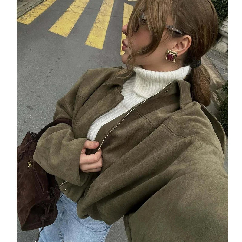 Veste Bomber Faux Daim Femme – Oversize Zippée, Streetwear
