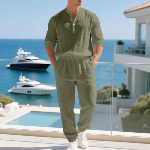 Ensemble américain en lin ample pour hommes, chemise hawaïenne fine Henry, pantalon à manches longues, pour les déplacements domicile, automne