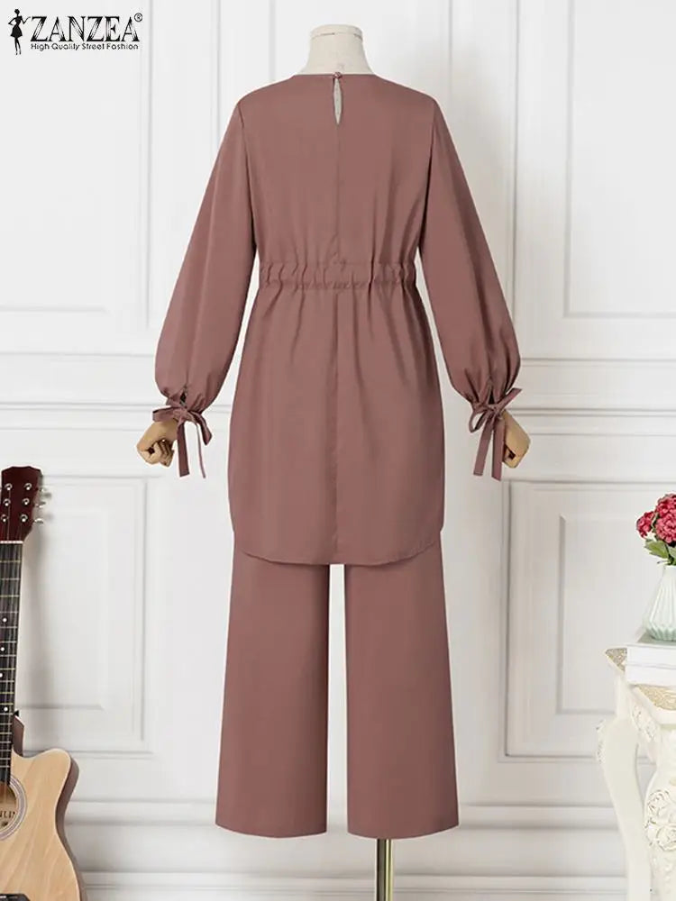 ZANZEA-Costumes chemisier et pantalon à manches longues pour femmes, survêtements Hijab Abaya, vêtements islamiques, ensembles musulmans vintage, mode automne, 2 pièces, 2024