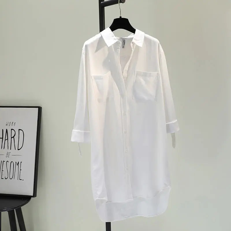 Chemise mi-longue contenant du coton pour femmes, vêtements à la mode, coupe ample, manches longues, Double poche, manches roulées, chemisier fin