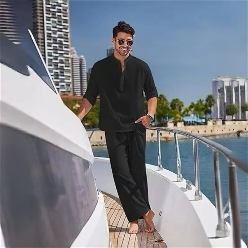 Ensemble Homme Style Yacht – Col Montant, Haut & Pantalon Ample