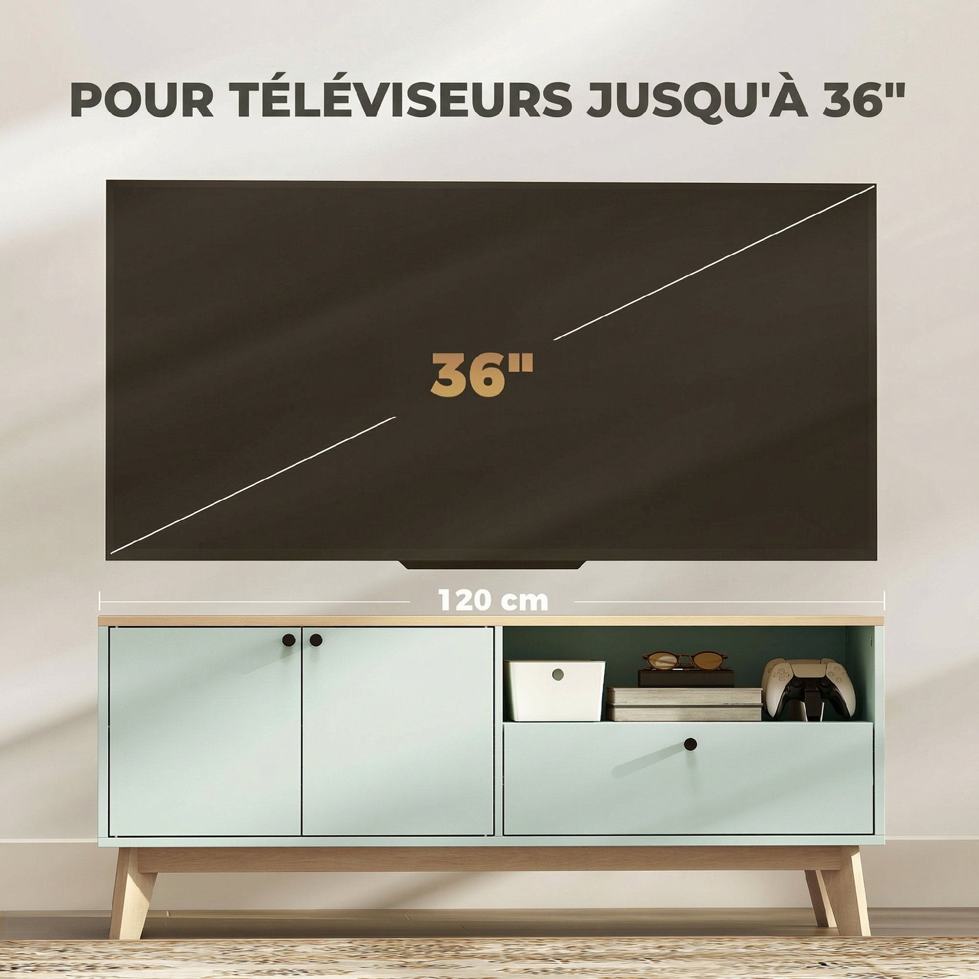 Meuble TV 120 cm, meuble télé pour téléviseur jusqu'à 36 pouces avec 2 portes, tiroir, compartiment ouvert, vert clair