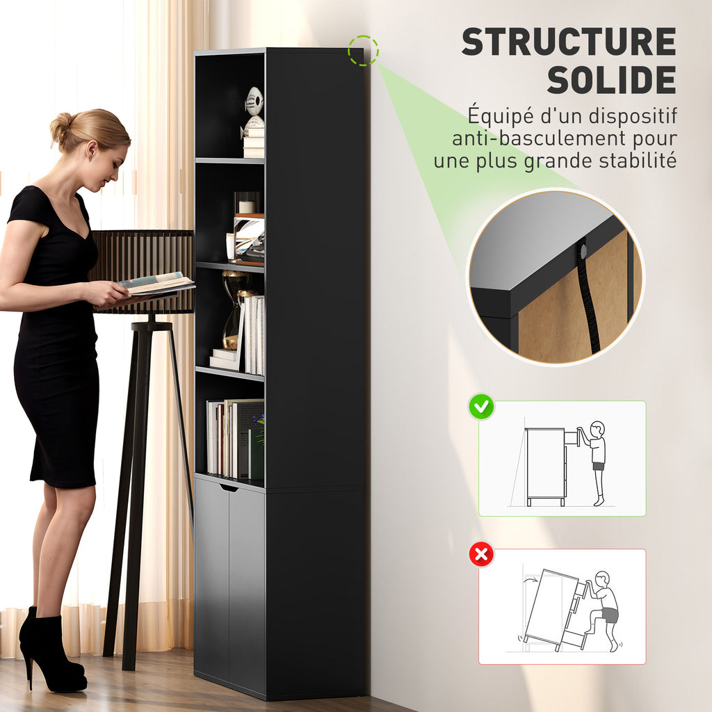 Bibliothèque Armoire à livres avec 4 compartiments ouverts et 2 portes pour le salon et le bureau 59x29x180 cm Noir