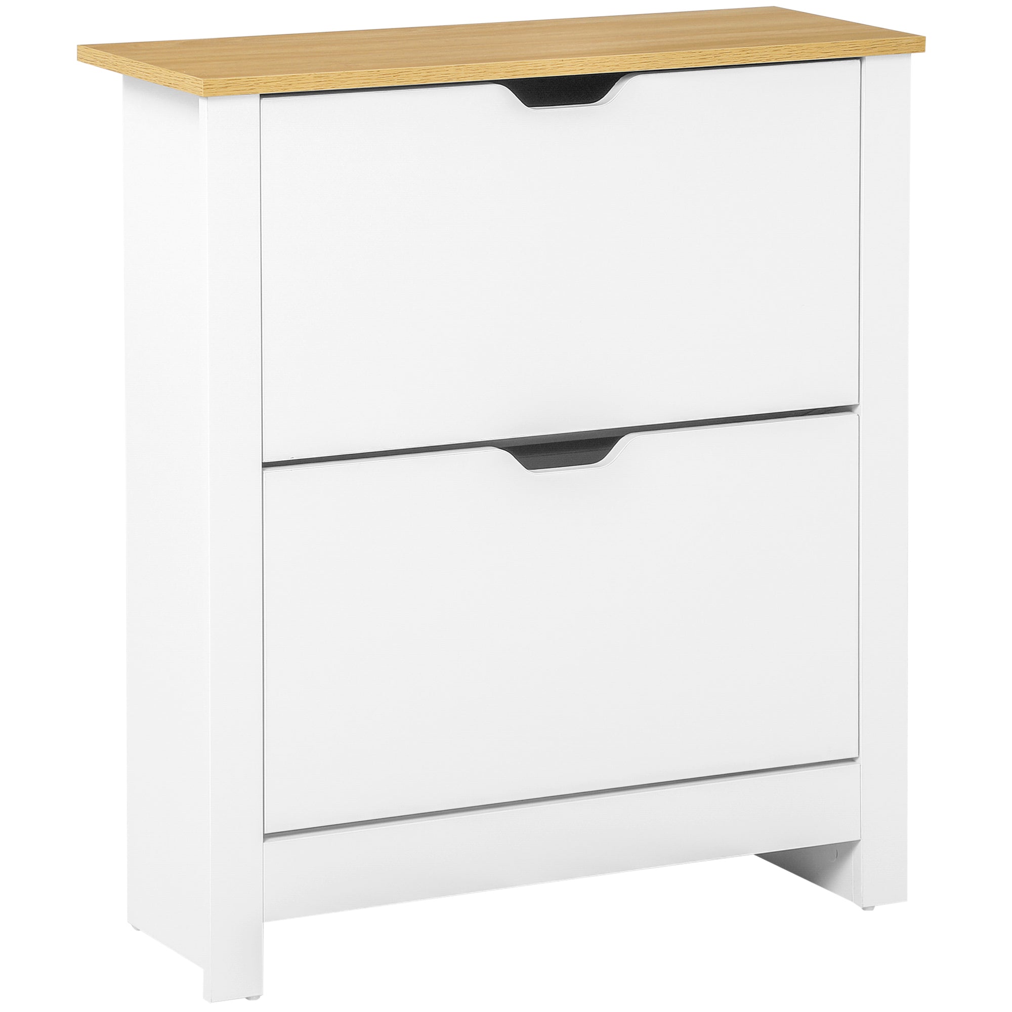 Meuble à chaussures 12 paires, armoire à chaussures étroite avec 2 tiroirs rabattables et étagères réglables, style moderne, pour couloir, entrée, 72 x 26 x 80 cm, blanc et bois naturel