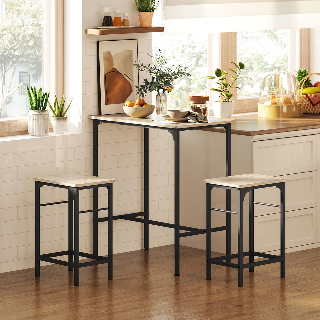 Ensemble table de bar avec 2 tabourets, cadre en acier pour cuisine, salle à manger et salon, effet bois naturel