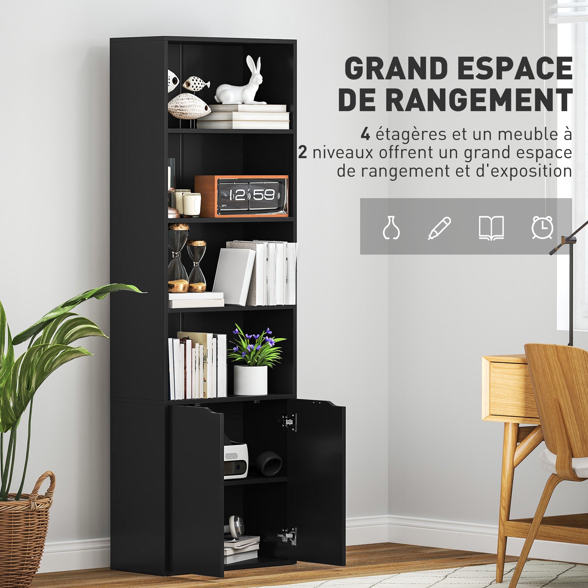 Bibliothèque Armoire à livres avec 4 compartiments ouverts et 2 portes pour le salon et le bureau 59x29x180 cm Noir