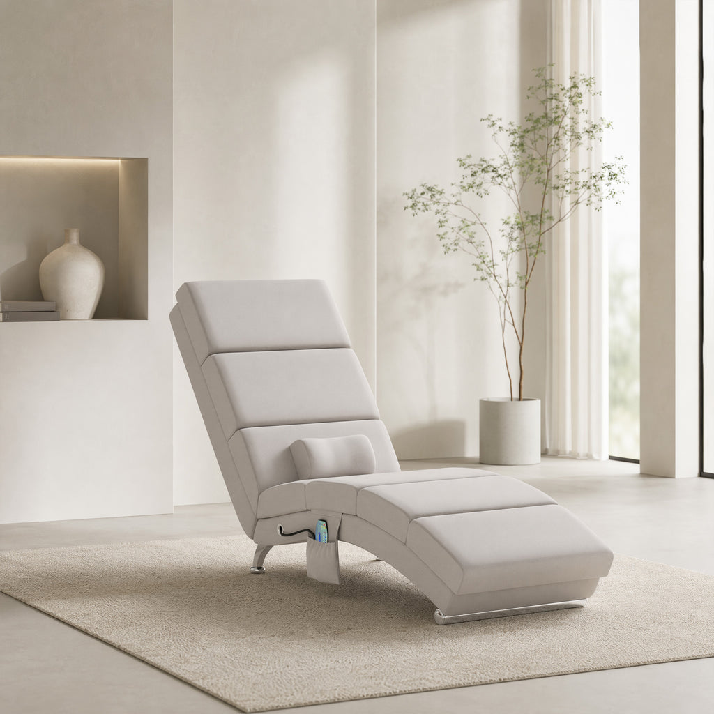 Fauteuil relax salon fauteuil de massage et chauffage meridienne avec télécommande et oreiller, tissu effet lin, crème