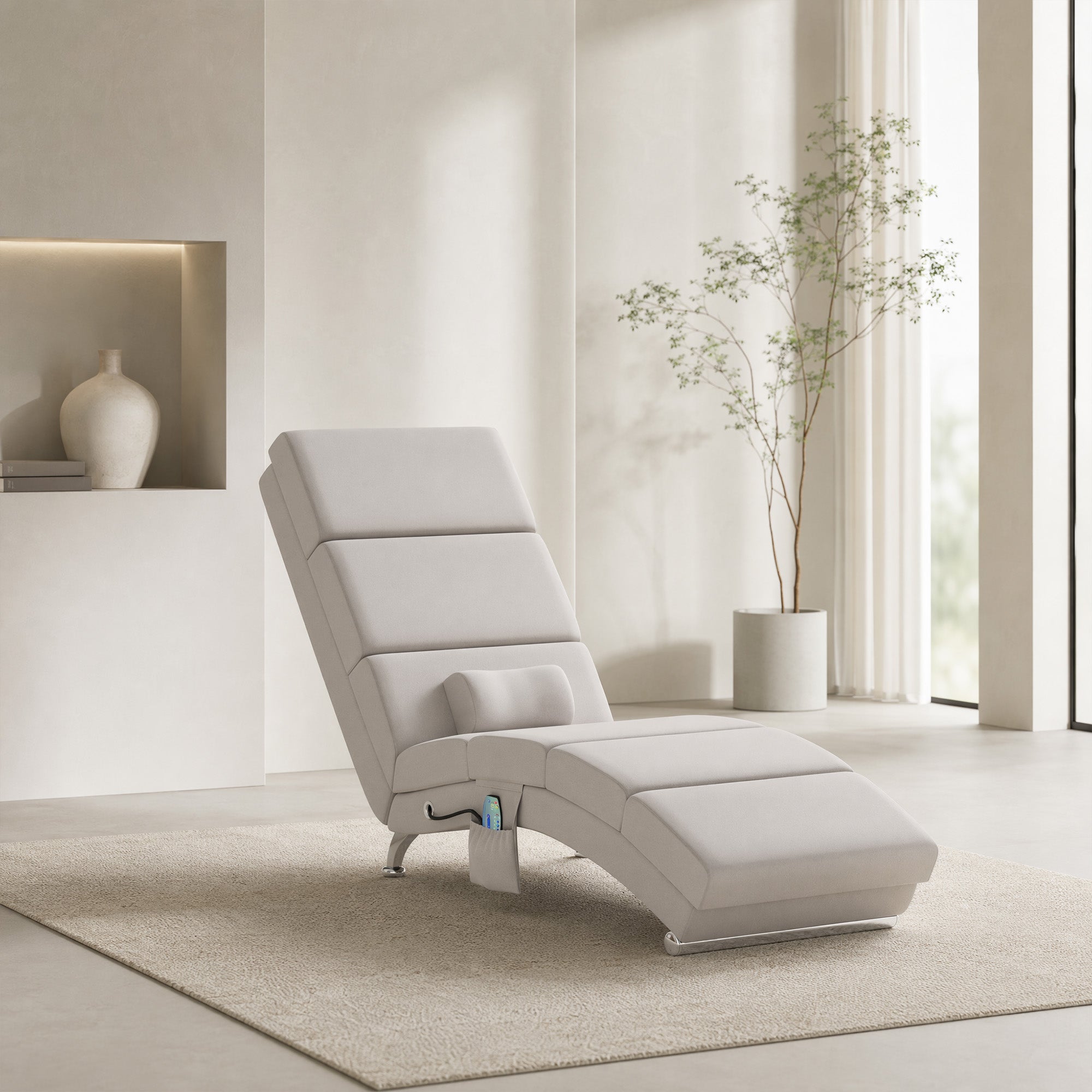 Fauteuil relax salon fauteuil de massage et chauffage meridienne avec télécommande et oreiller, tissu effet lin, crème