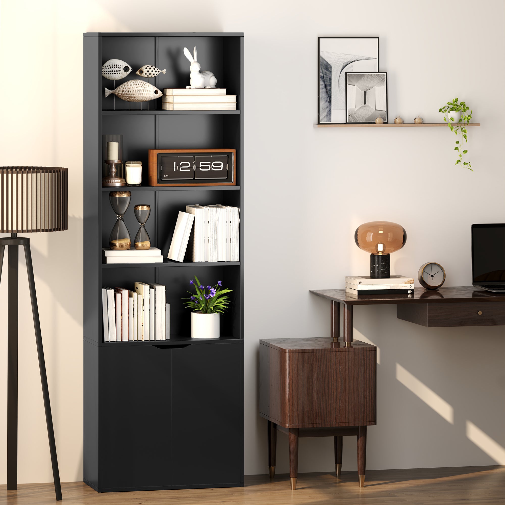Bibliothèque Armoire à livres avec 4 compartiments ouverts et 2 portes pour le salon et le bureau 59x29x180 cm Noir