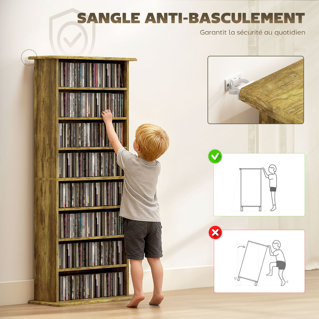 Rangements pour CD et DVD avec 8 compartiments et 6 étagères réglables, capacité max. 360 CD/185 DVD et Blu-ray, marron