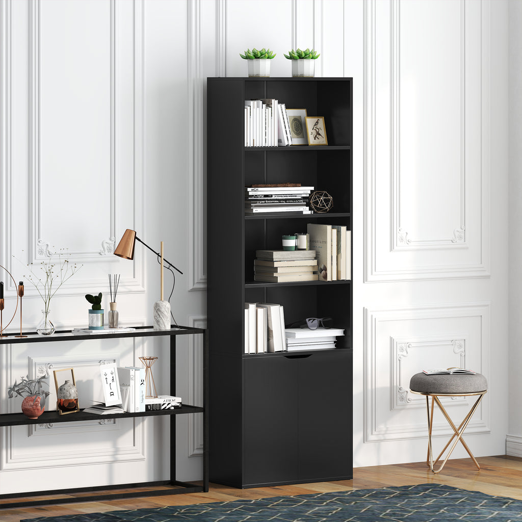 Bibliothèque Armoire à livres avec 4 compartiments ouverts et 2 portes pour le salon et le bureau 59x29x180 cm Noir