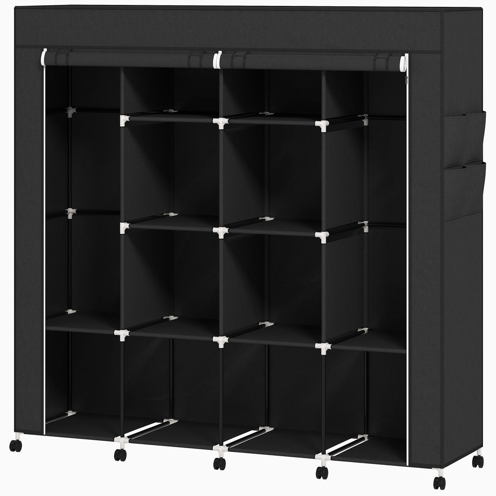 Armoire penderie en tissu, meuble de rangement mobile 10 roulettes avec 10 compartiments, barres de suspension, noir