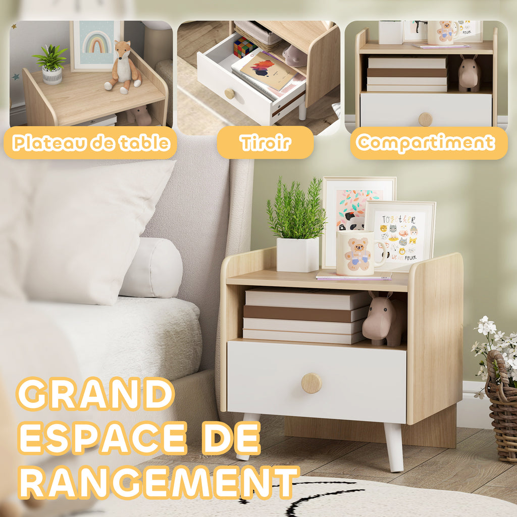 Table de chevet enfant table de nuit enfant avec tiroir et niche, petite table d'appoint en bois pour chambre d'enfant