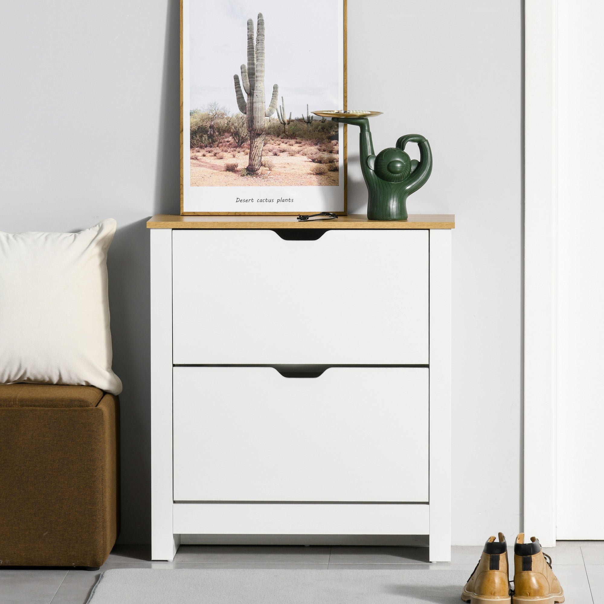 Meuble à chaussures 12 paires, armoire à chaussures étroite avec 2 tiroirs rabattables et étagères réglables, style moderne, pour couloir, entrée, 72 x 26 x 80 cm, blanc et bois naturel