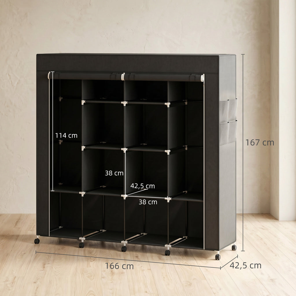 Armoire penderie en tissu, meuble de rangement mobile 10 roulettes avec 10 compartiments, barres de suspension, noir