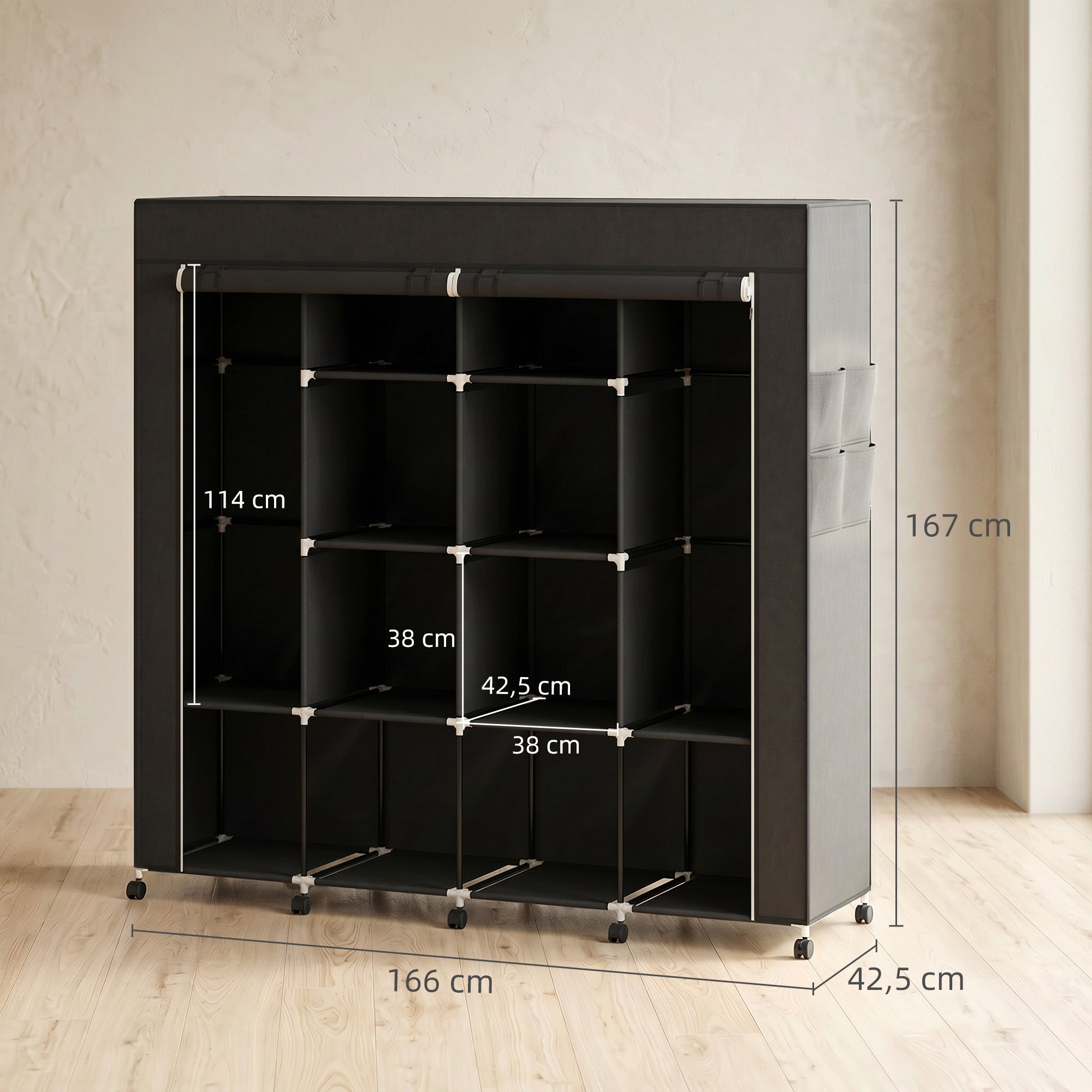 Armoire penderie en tissu, meuble de rangement mobile 10 roulettes avec 10 compartiments, barres de suspension, noir
